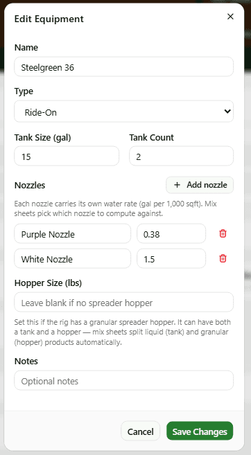 Edit Equipment — nozzles with per-nozzle water rates, tank and hopper sizes