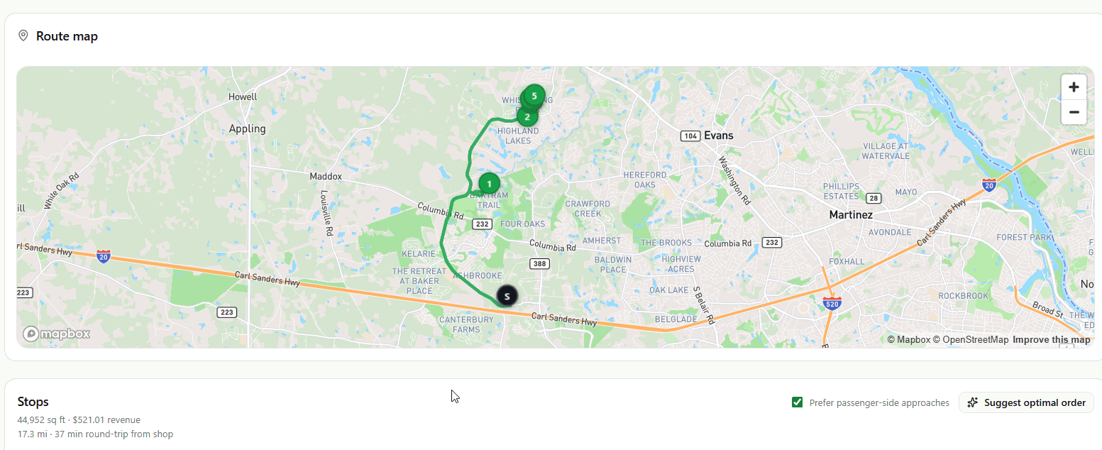 Route map — optimized stop order on a live map